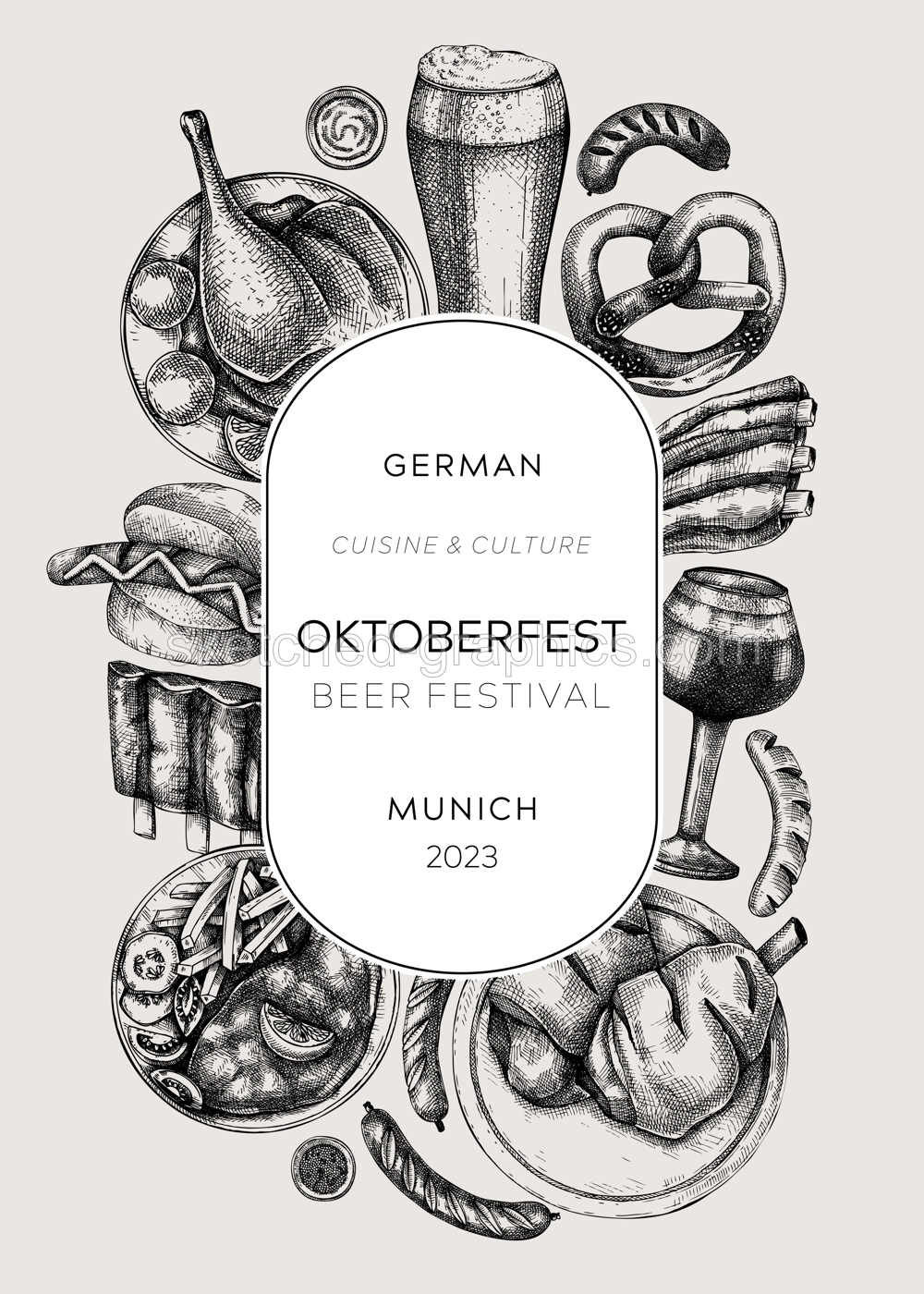Oktoberfest wreath in collage style. German food and drinks menu design. Meat dishes sketches. German cuisine vintage frame. Traditional beer festival sketched illustration. Oktoberfest party Illustration